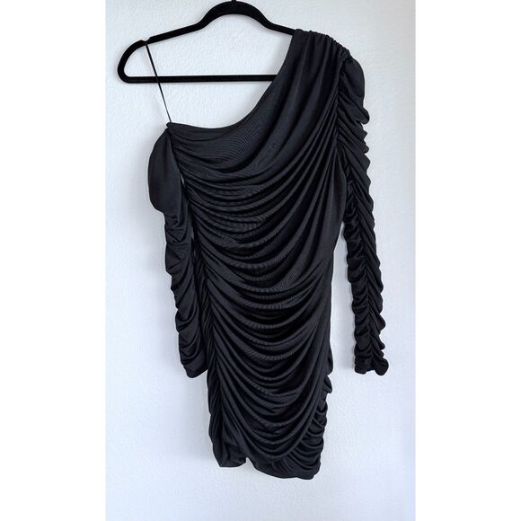 Aliette Black Ruched One Shoulder Asymmetrical Bodycon Sheath Dress -Altered- 6 - Picture 7 of 16